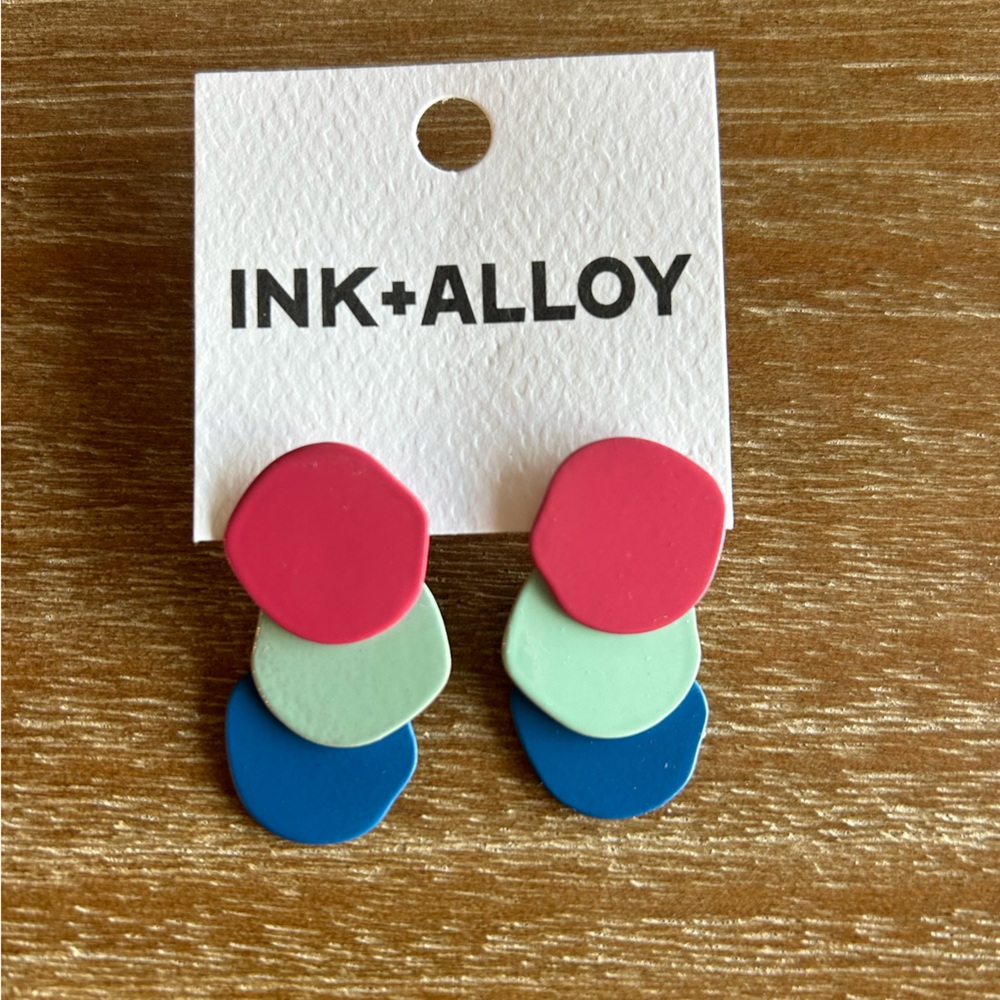Magenta Mint And Teal Triple Organic Circle Post Earrings Ink and Alloy